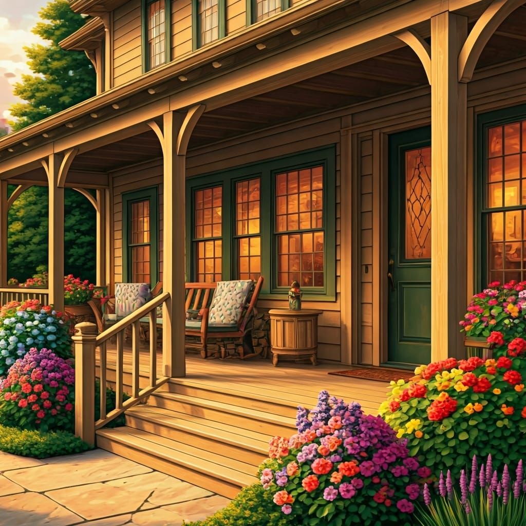 Charming House with Flower-Adorned Porch, Whimsical Illustra...