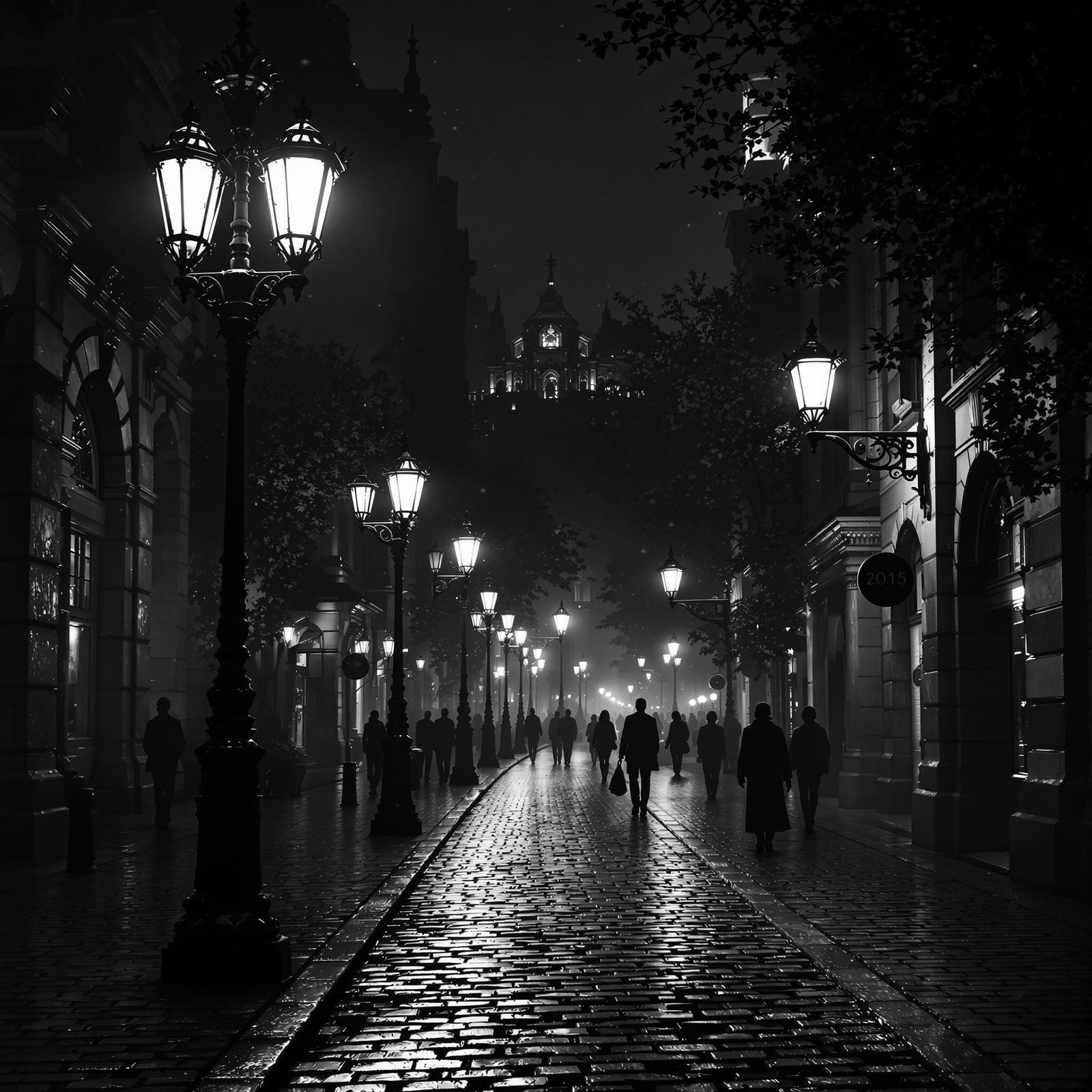 Stunning Monochrome Cityscape Illuminated by Vintage Street...