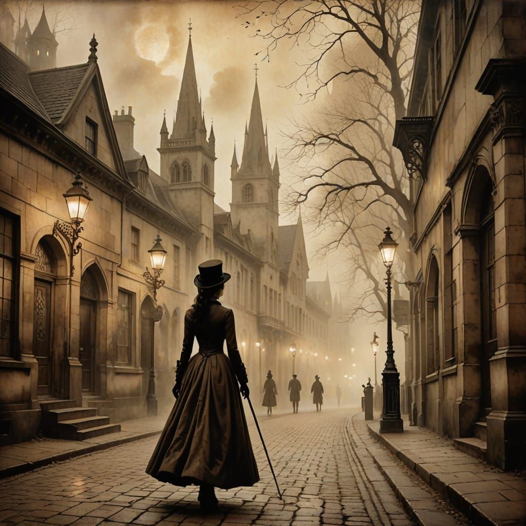 Vintage Sepia Street Scene with Victorian Silhouette