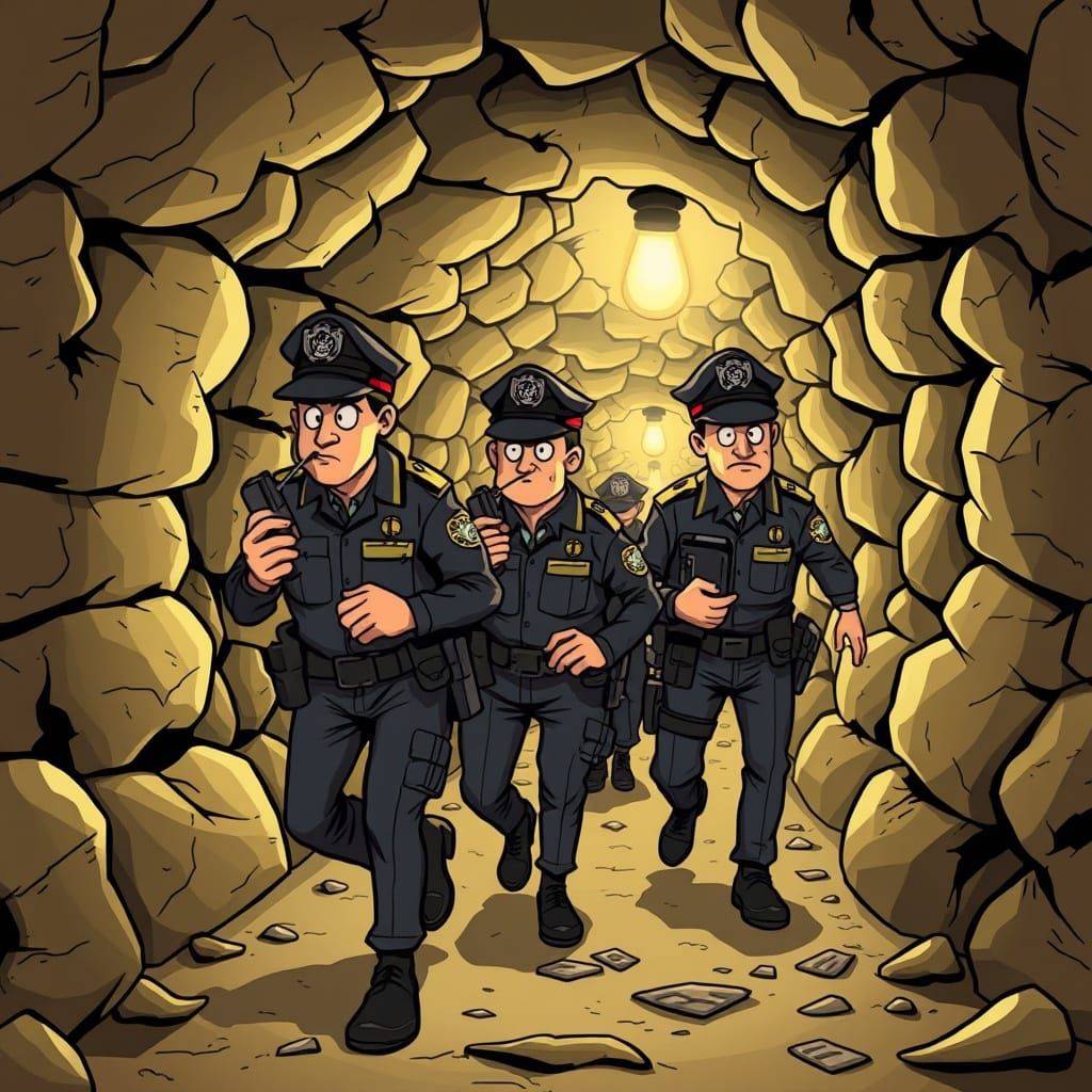 Cartoon Police Lost in Paris Catacombs