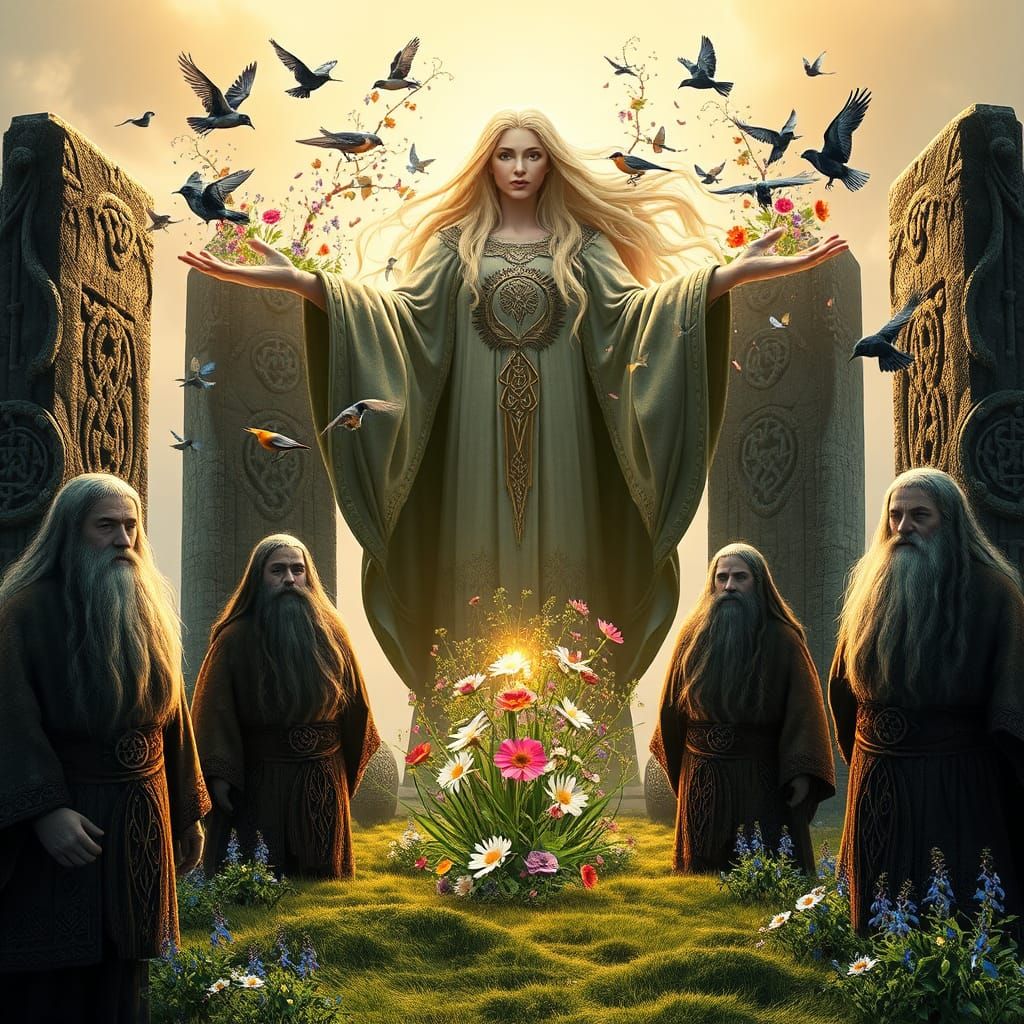 Druids Praying to Dana in Mystical Landscape