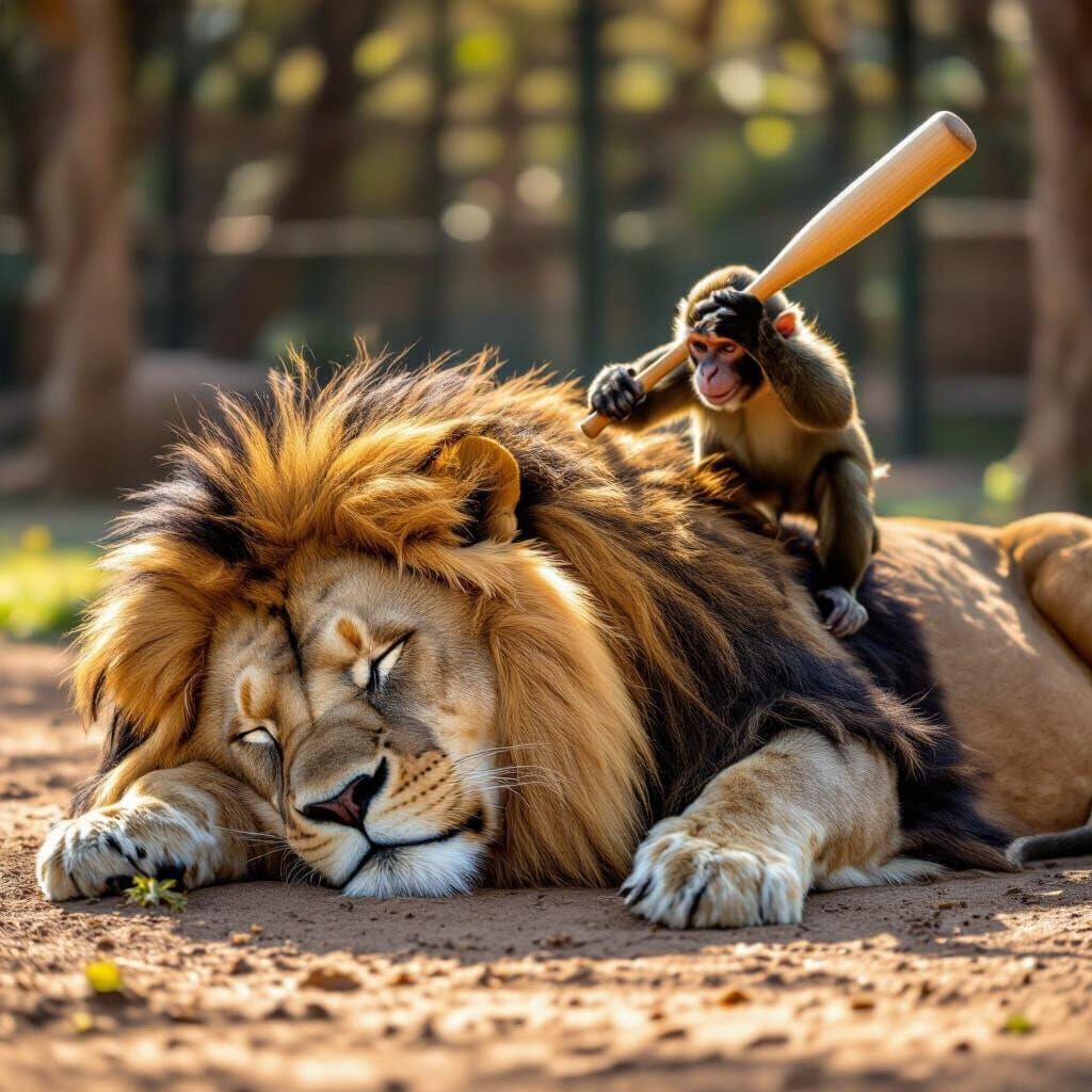 Lion Sleeping in Zoo, Monkey With Baseball Bat Sneaking