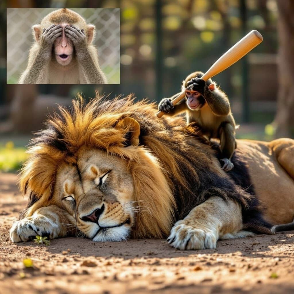 Lion Sleeping in Zoo, Monkey With Baseball Bat Sneaking