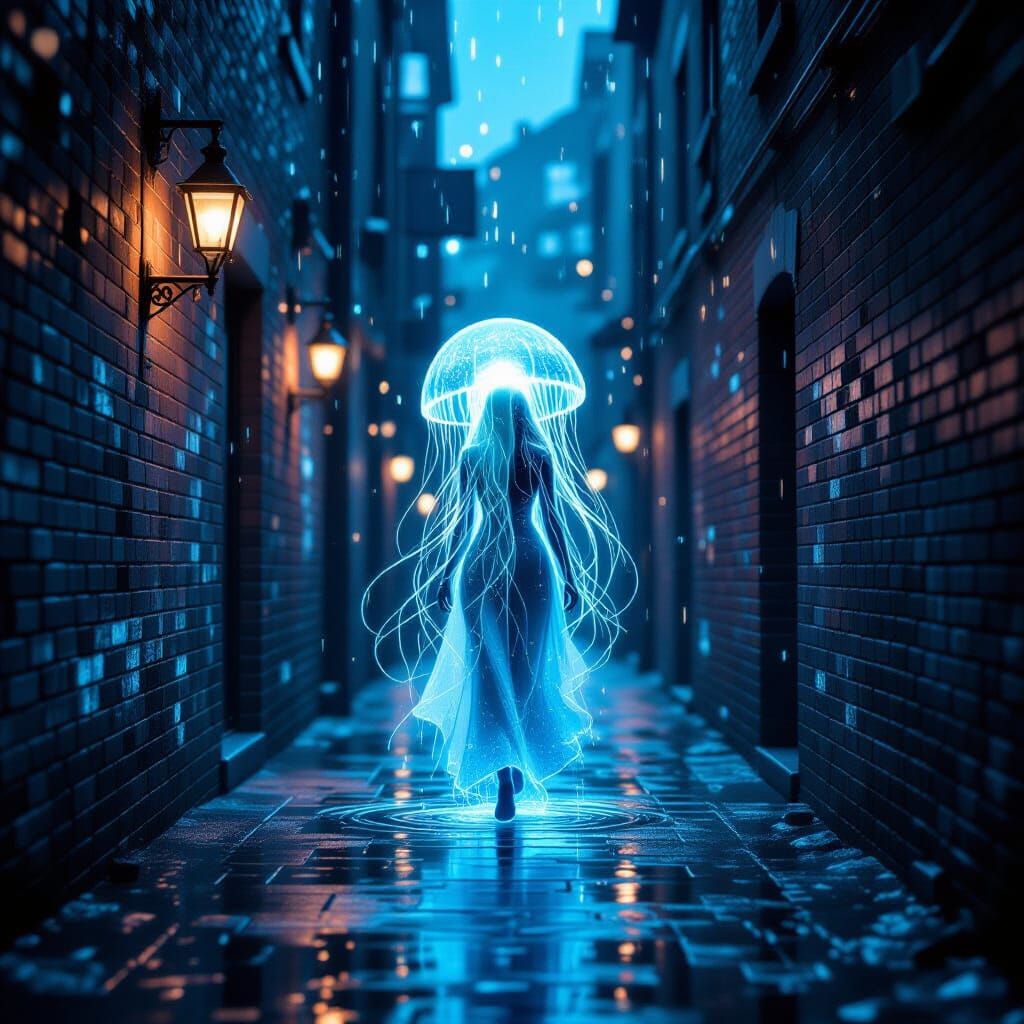 Bioluminescent Woman in Rain-Slicked Alley