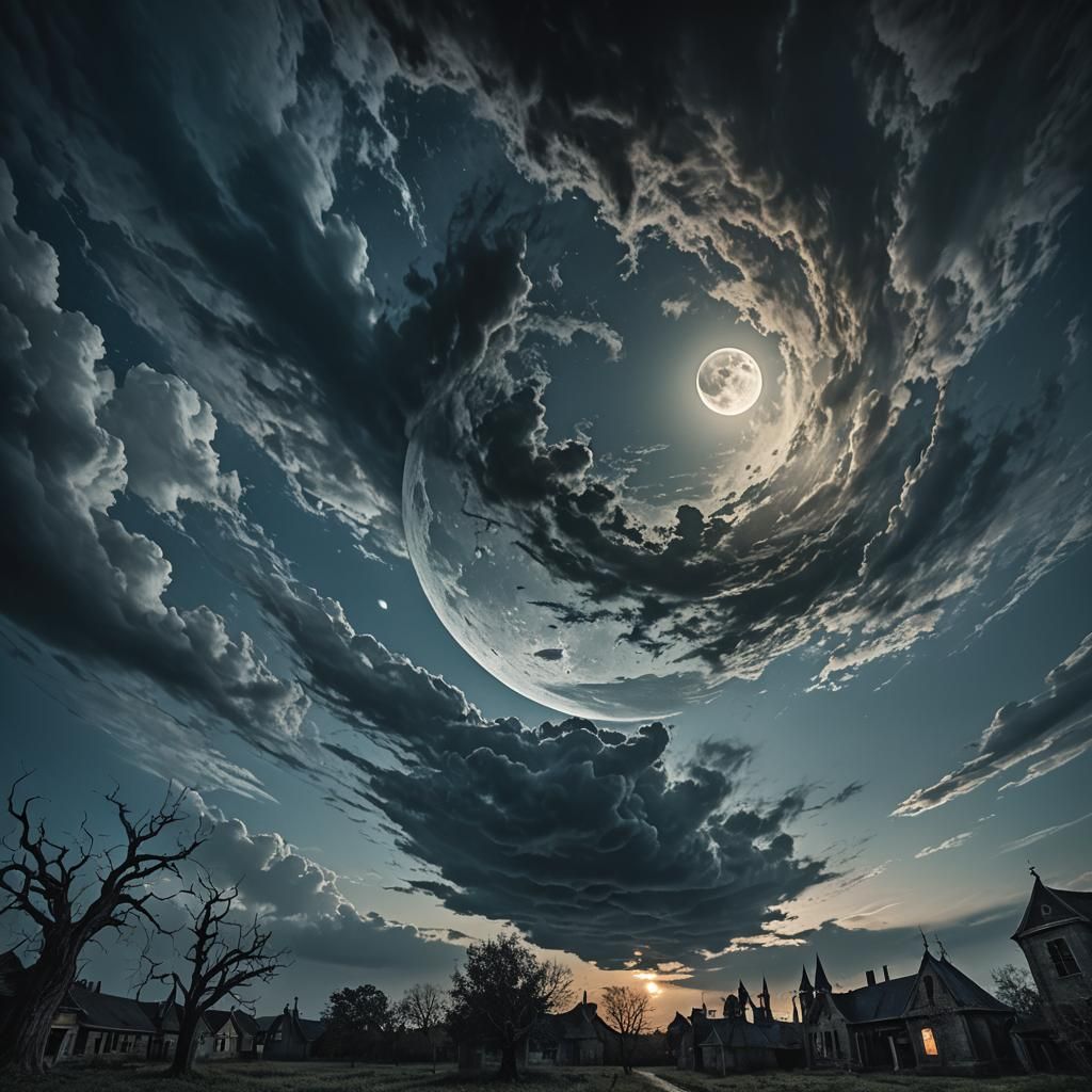 Gothic Surrealism: Twisted Moon in Ominous Sky