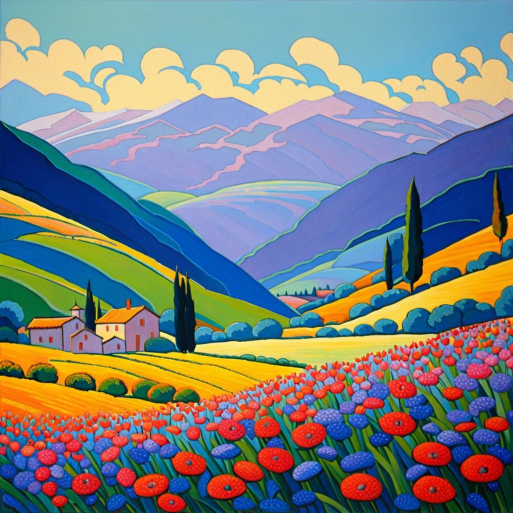 Expressionist Flowery Valley Landscape