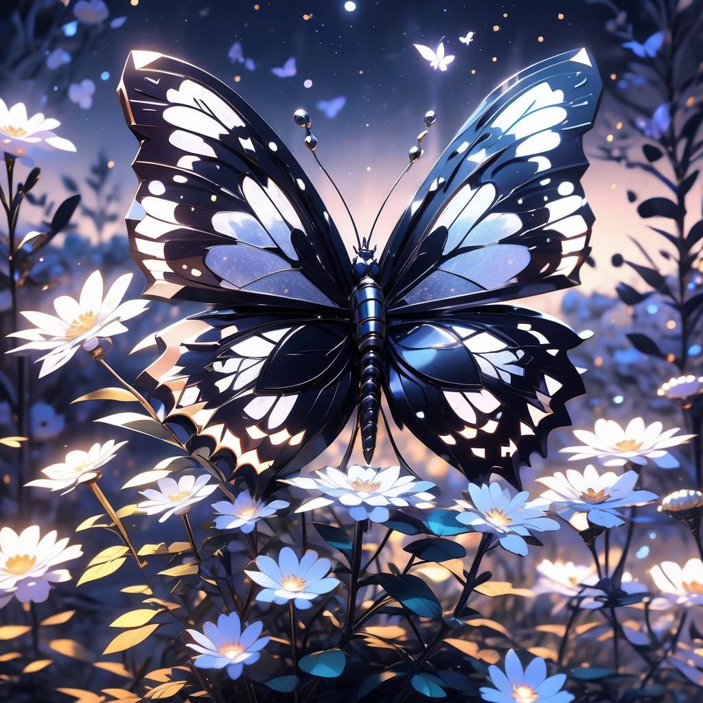 Night Butterfly on Silver Flower in 3D Anime Style