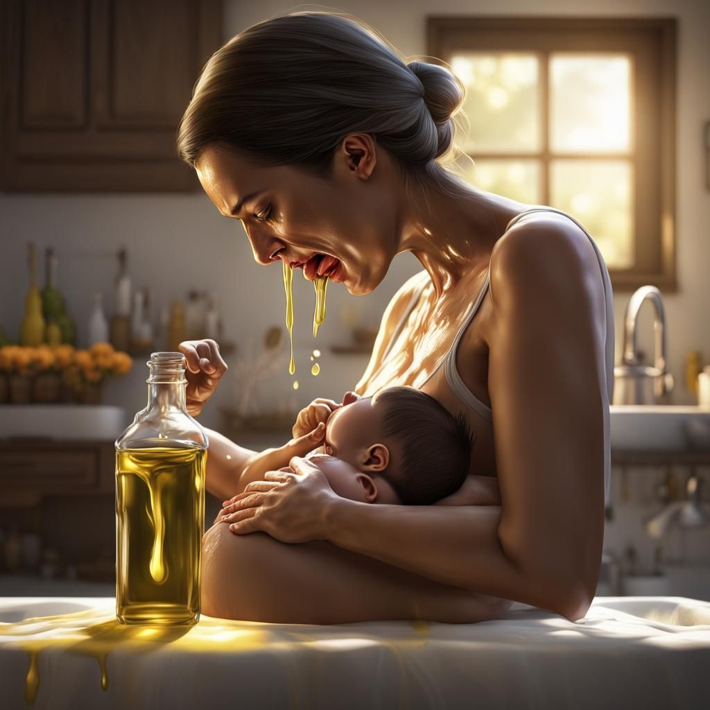 Surreal Pregnant Woman Oozing Olive Oil: 8k Concept Art