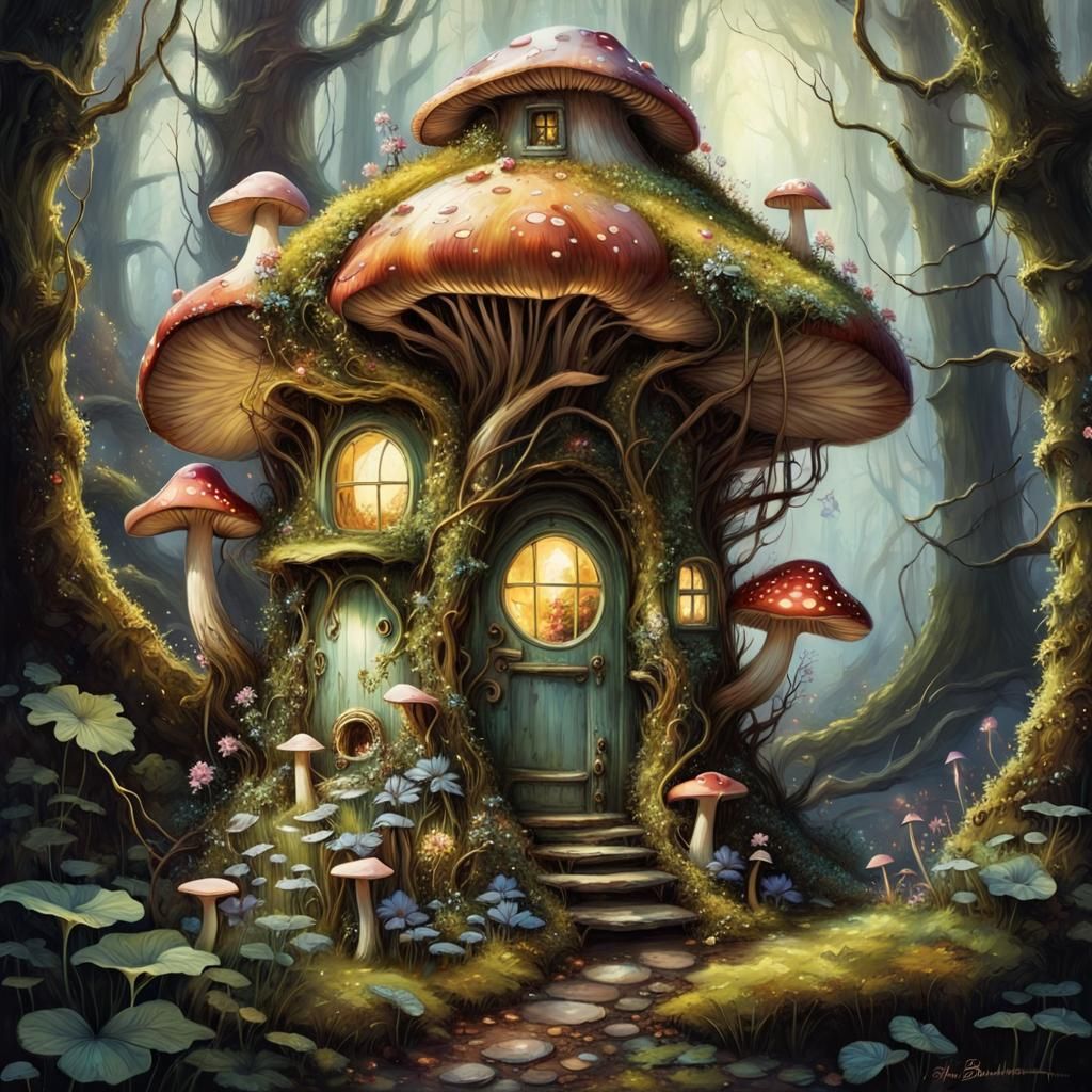 Enchanted Fairy Mushroom House in Dark Fantasy Style