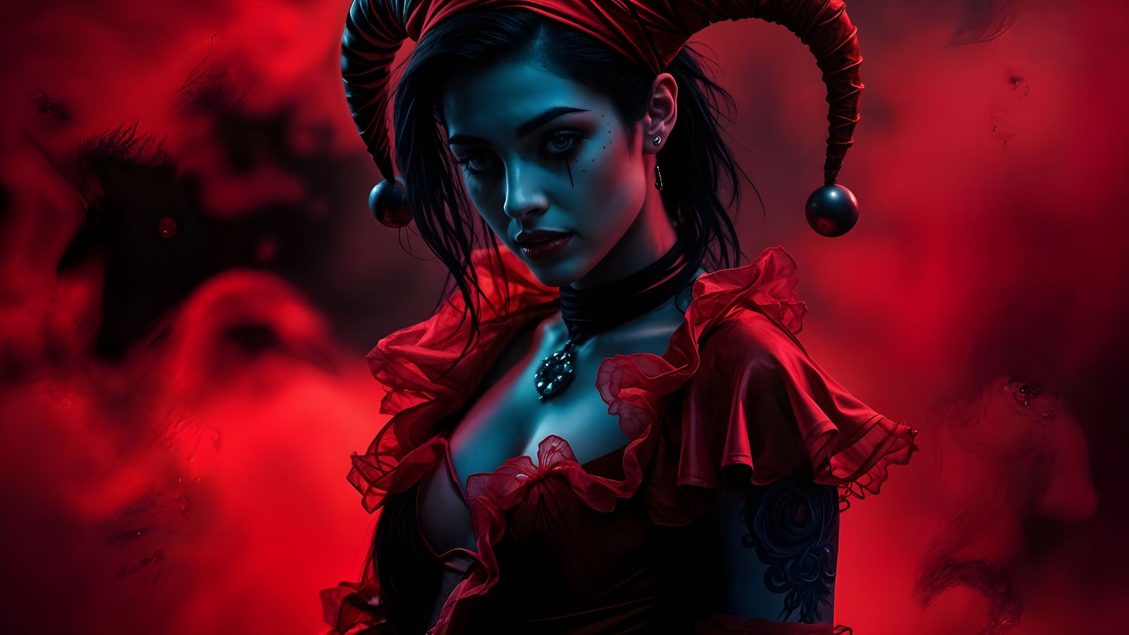 Ethereal Harlequin Goddess in Crimson and Sky Blue