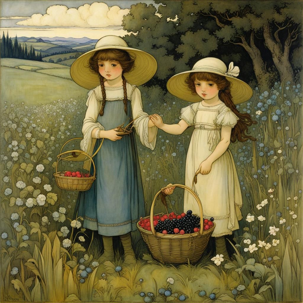 Brother and Sister Gathering Berries in Meadow
