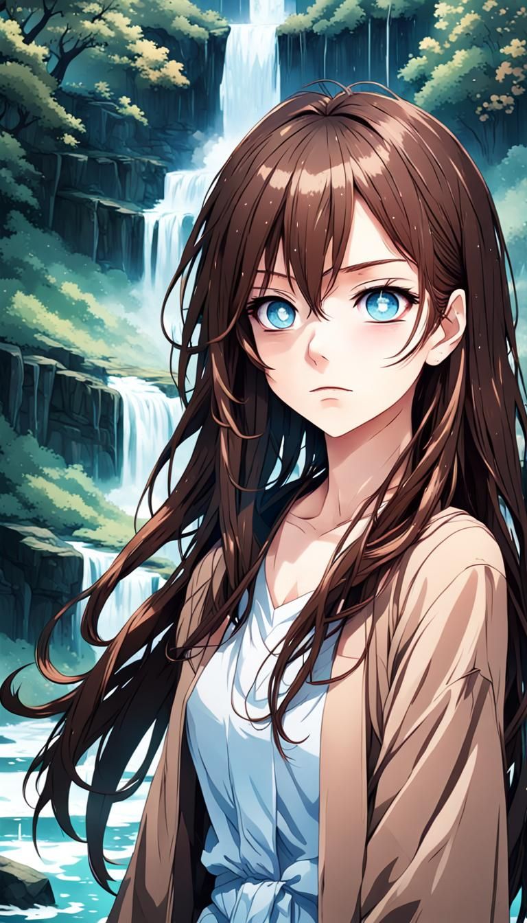 Anime Girl with Waterfall: Vibrant Manga Art