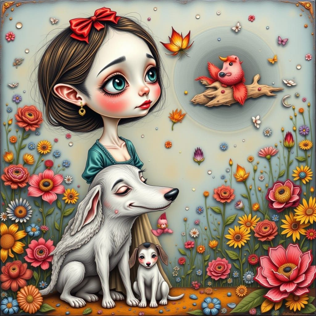 Whimsical Girl and Dog in Playful Style