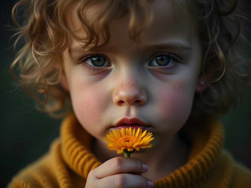 Child Holding Flower, Ambient Light Portrait