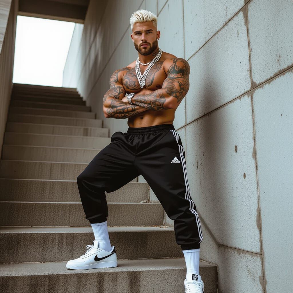 Platinum-Haired Model on Brutalist Steps in Editorial Style