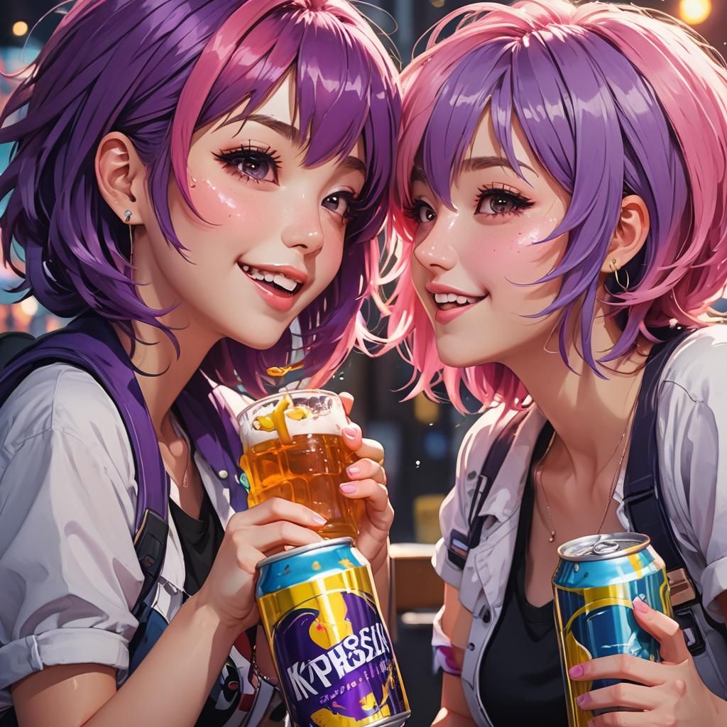 Anime Girls Kissing with Colorful Hair in Pixiv Style