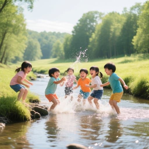 Children Playfully Splashing in a Sunny Creek