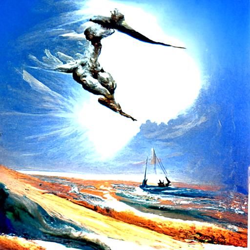 Icarus Flight Toward Sun in Surrealist Oil Painting