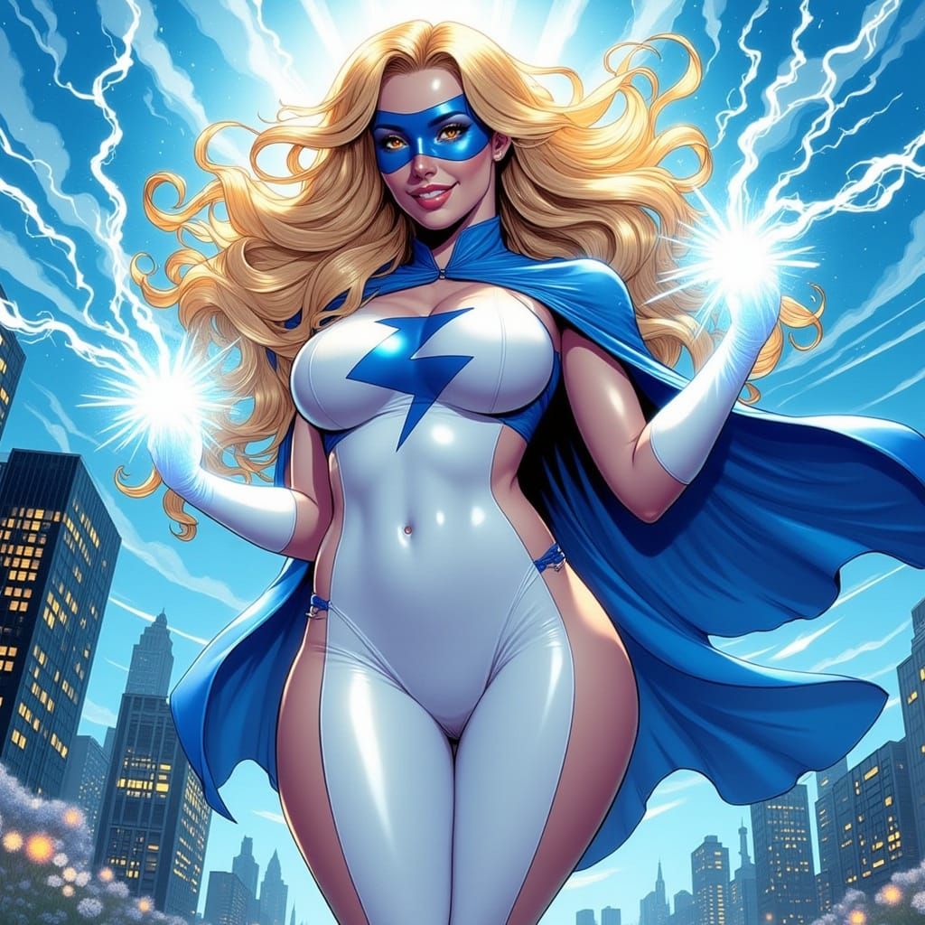 Dynamic Comic Style Superheroine Over Cityscape