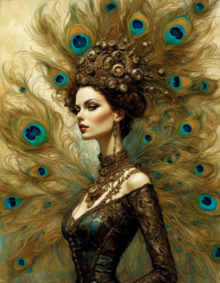 Steampunk Peacock Girl in Cartoon Style