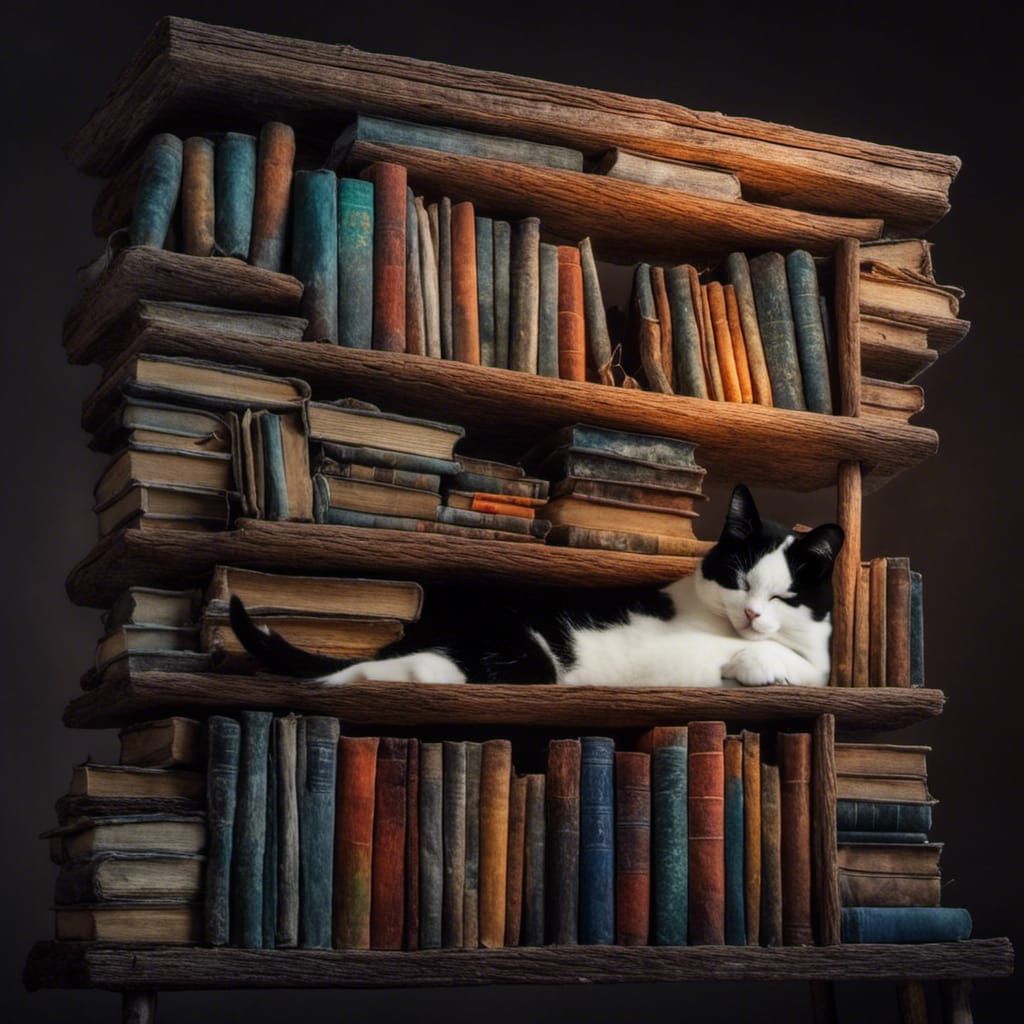 Cat Nap on Colorful Antique Bookshelf