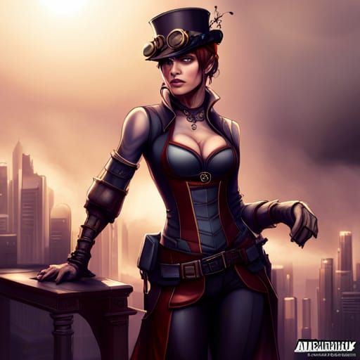 Steampunk Woman in a Detailed Cityscape