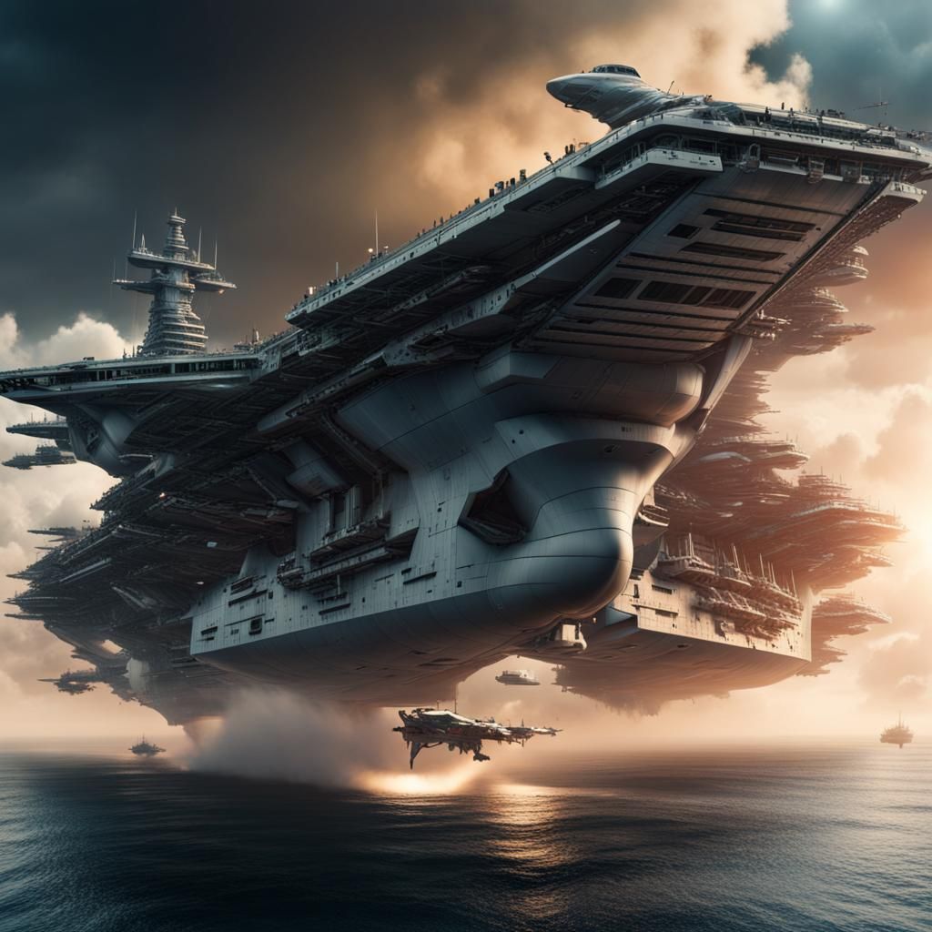 Futuristic Flying Aircraft Carrier: Epic Digital Painting