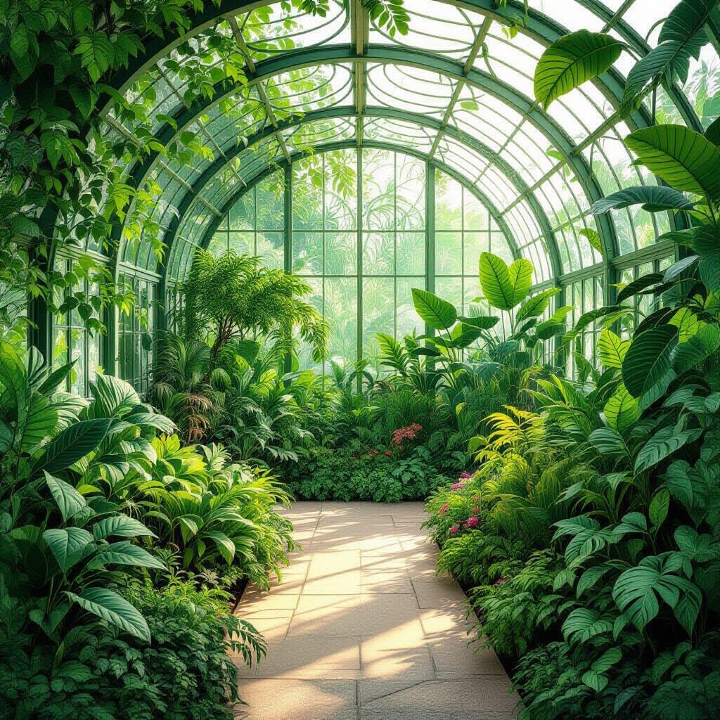Art Nouveau Greenhouse with Lush Plants and Fractal Patterns