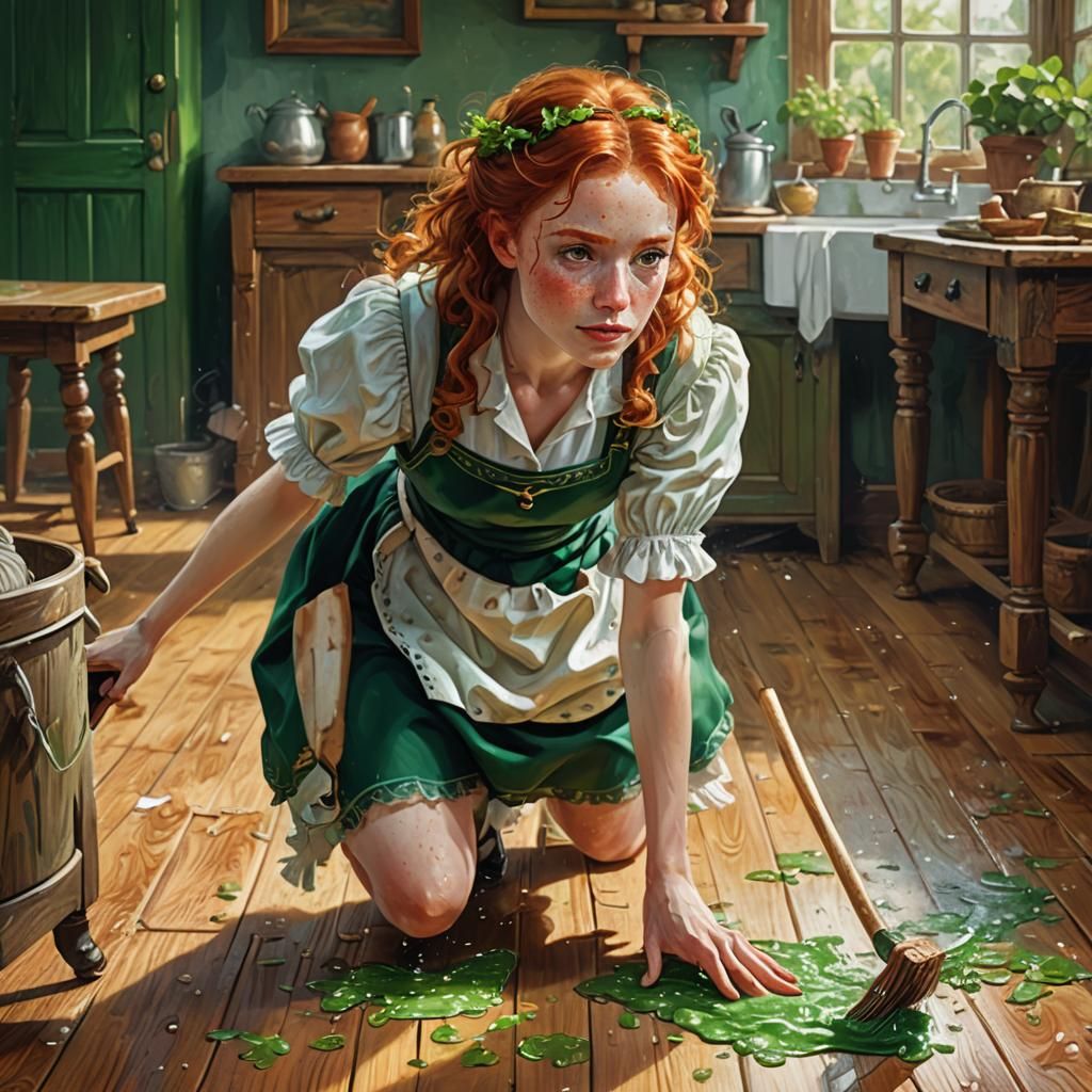 Redhead Tradwife Mopping Floor: Fantasy Concept Art