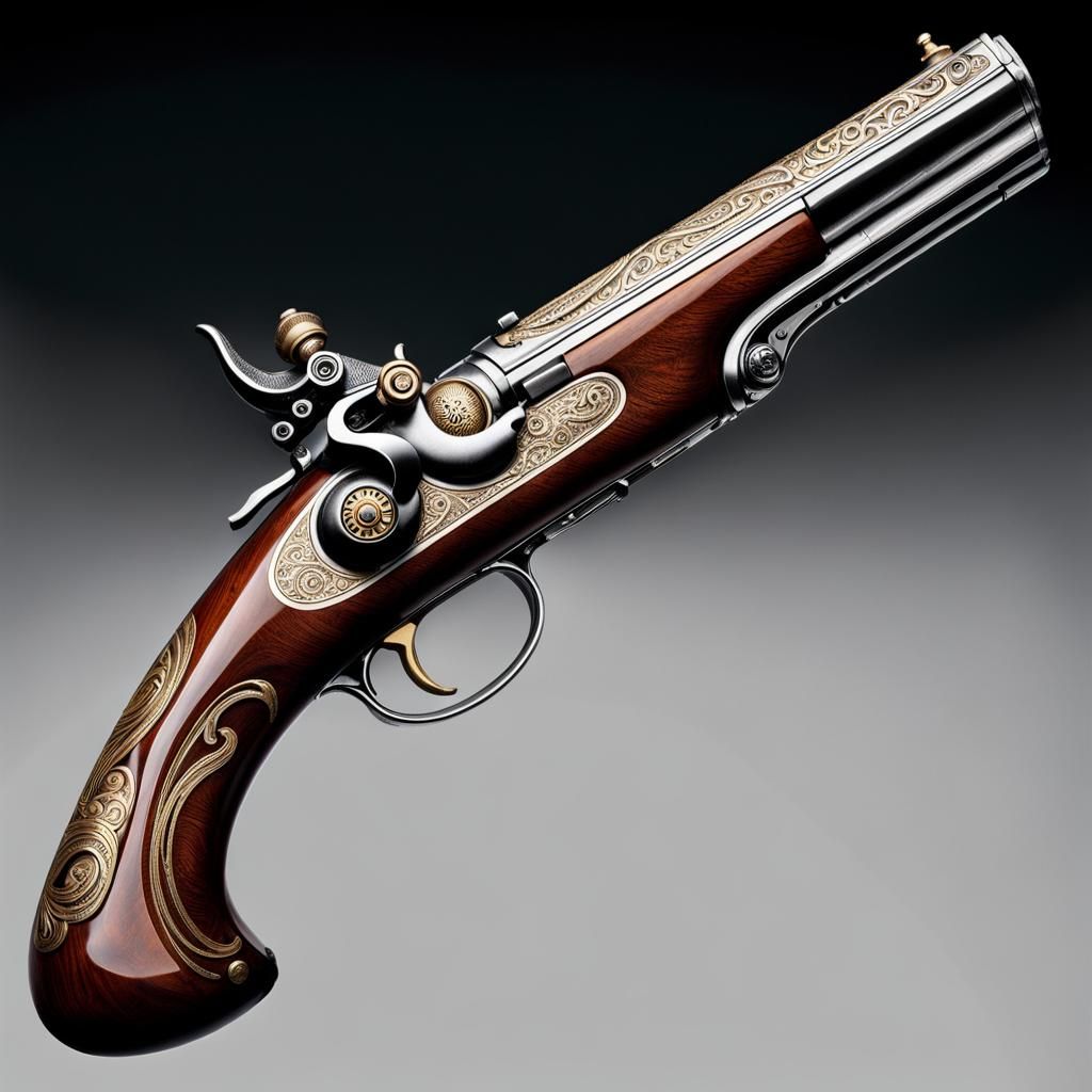 Intricate Flintlock Pistol with Filigree Engravings