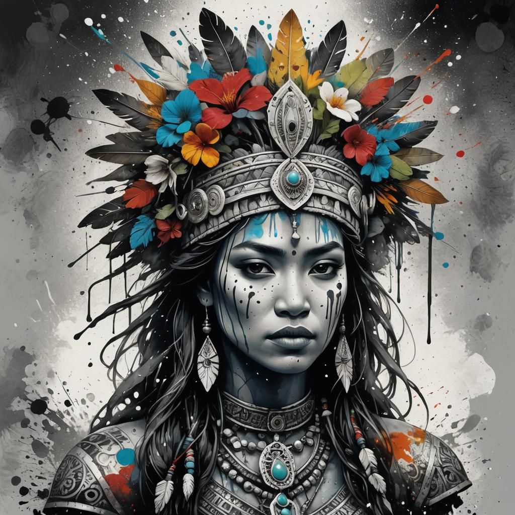 Polynesian Princess in Ink Splashes, Digital Art