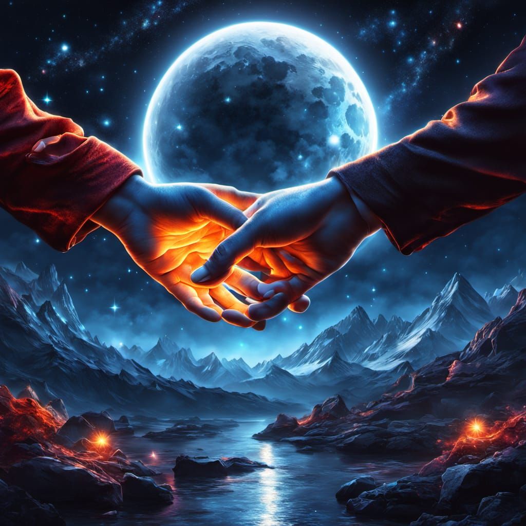 Ethereal Hands Reach Across Cosmos in Surreal Oil Painting