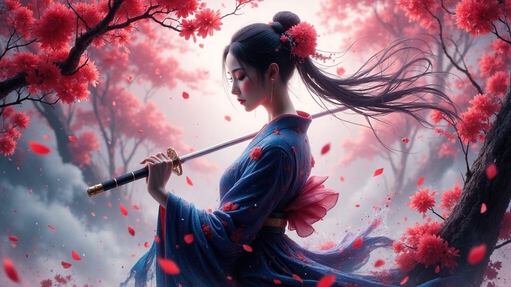 Geisha Psylocke with Cherry Blossoms in Digital Painting