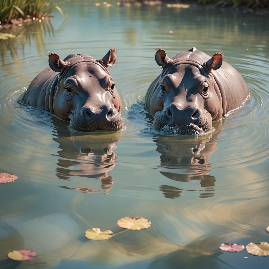 Charming Baby Hippos Playing in Pastel Water