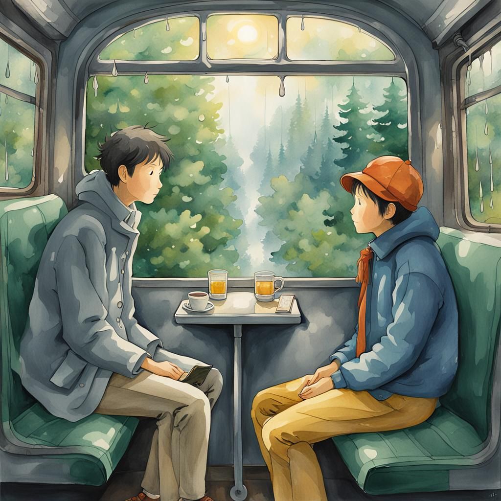 Geologists on a Train in Studio Ghibli Style