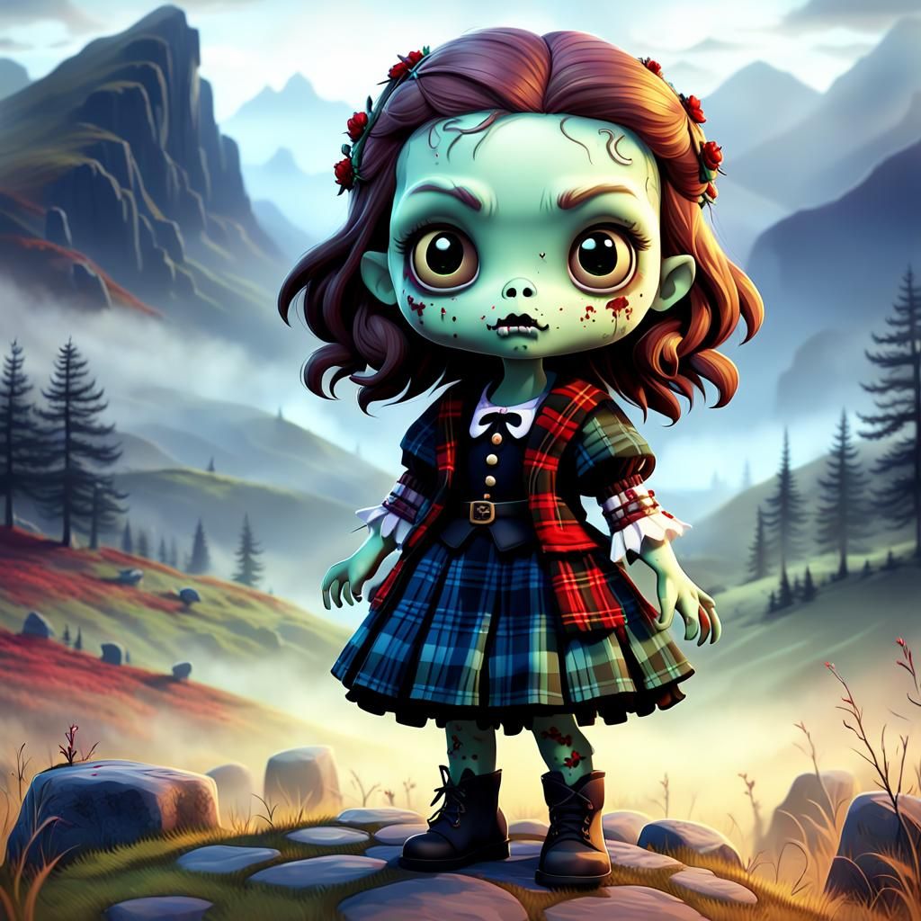 Chibi Zombie in Scottish Highlands: 3D Digital Art