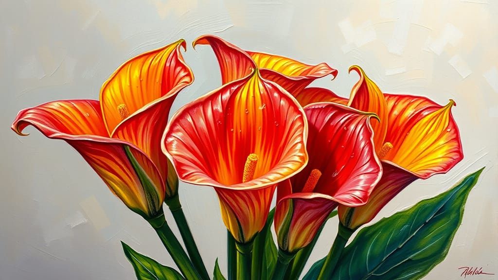 Rainbow Calla Lilies Impasto Painting with Textured Brushstr...