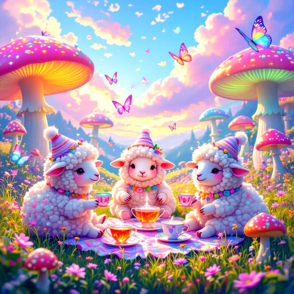 Rainbow Sheep Tea Party in Ghibli Style