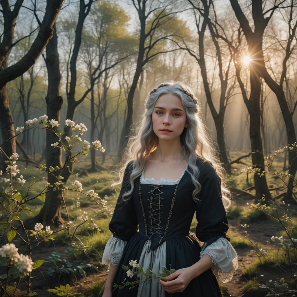 Woman in Spring Forest: Photorealistic 8K Scene