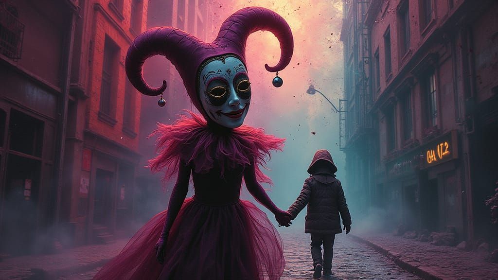 Harlequin in Dreamlike Cityscape, Digital Art