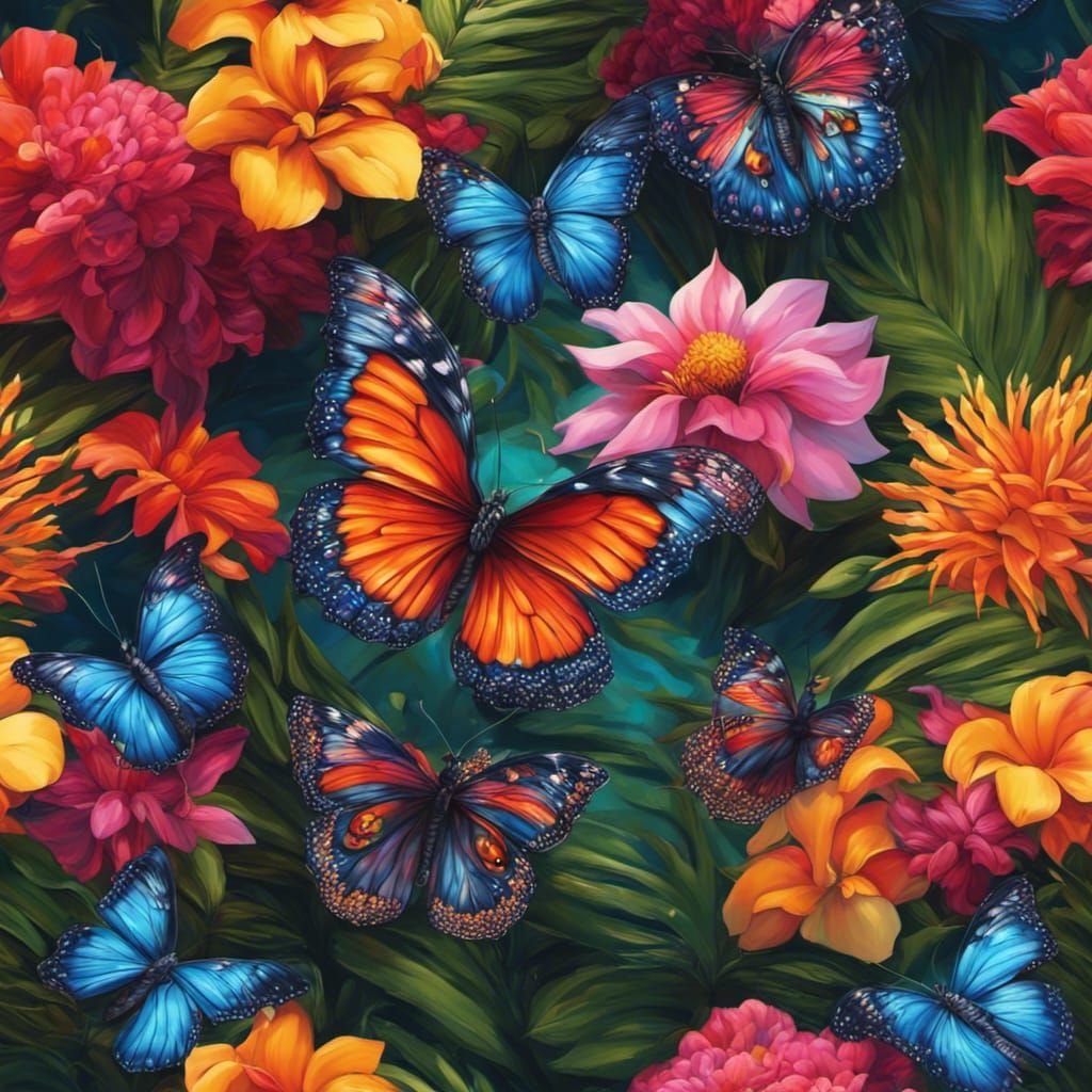 Luminescent Butterflies on Tropical Flowers, Hyperrealistic ...