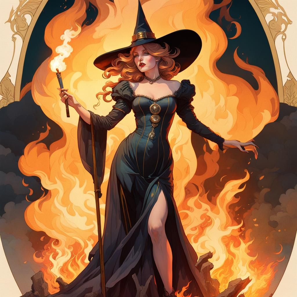 Gothic Witch Ablaze: A Romantic Renaissance Painting