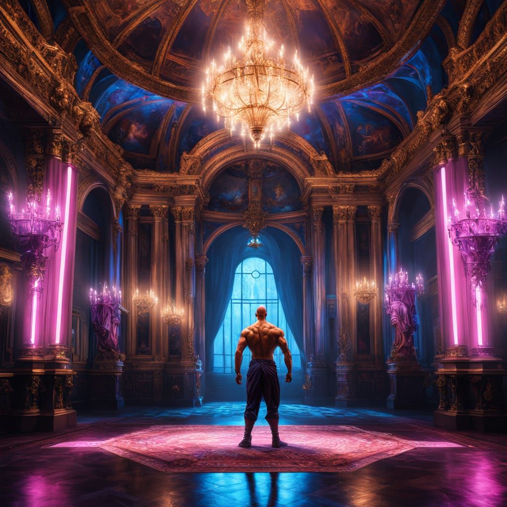 Muscular Man in Opulent Salon with Neon Baroque Art