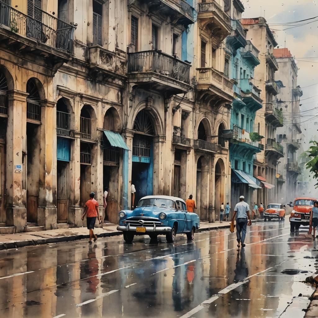 Wet Watercolour havana street scene