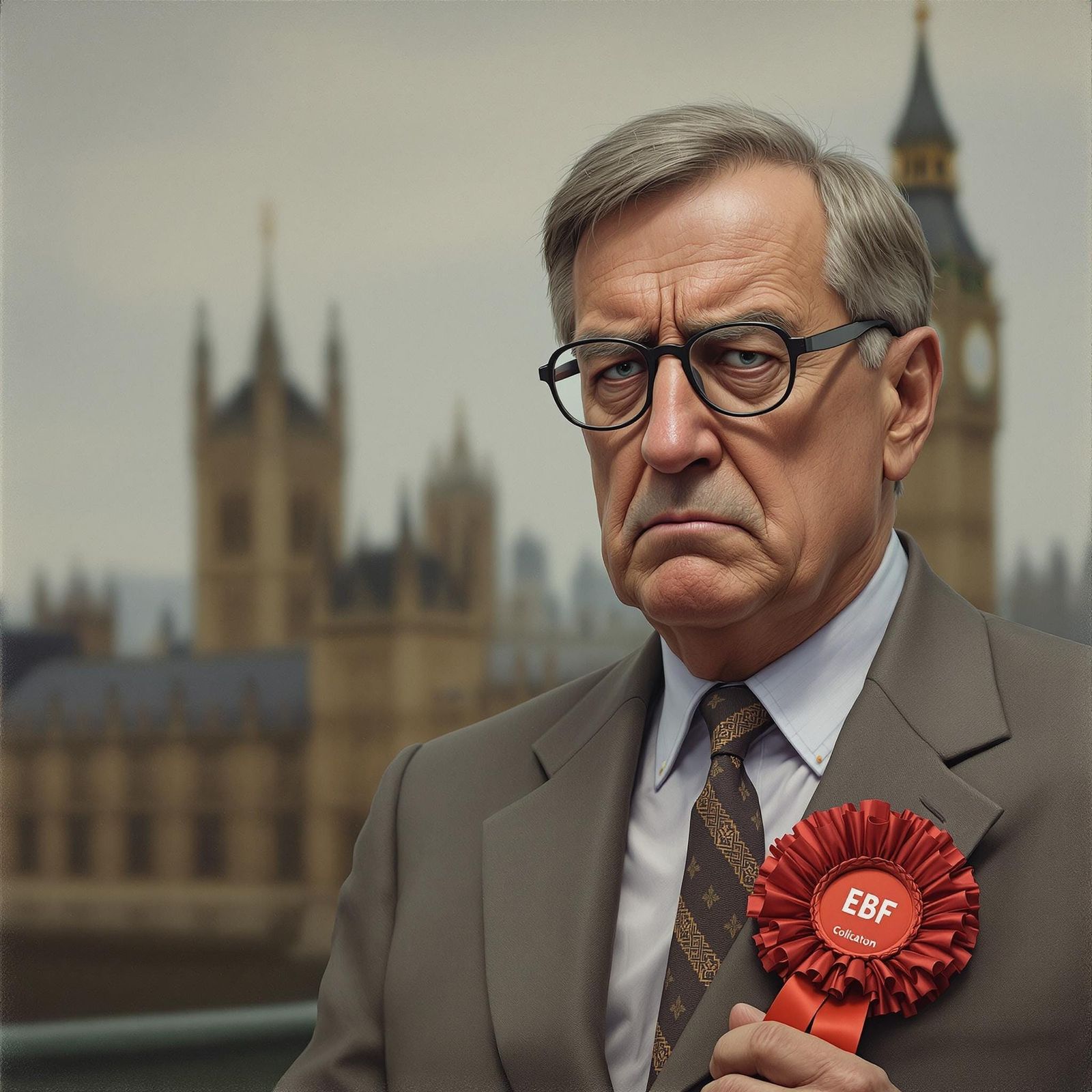 Politician with Red Rosette Embarrassed in Front of Parliame...