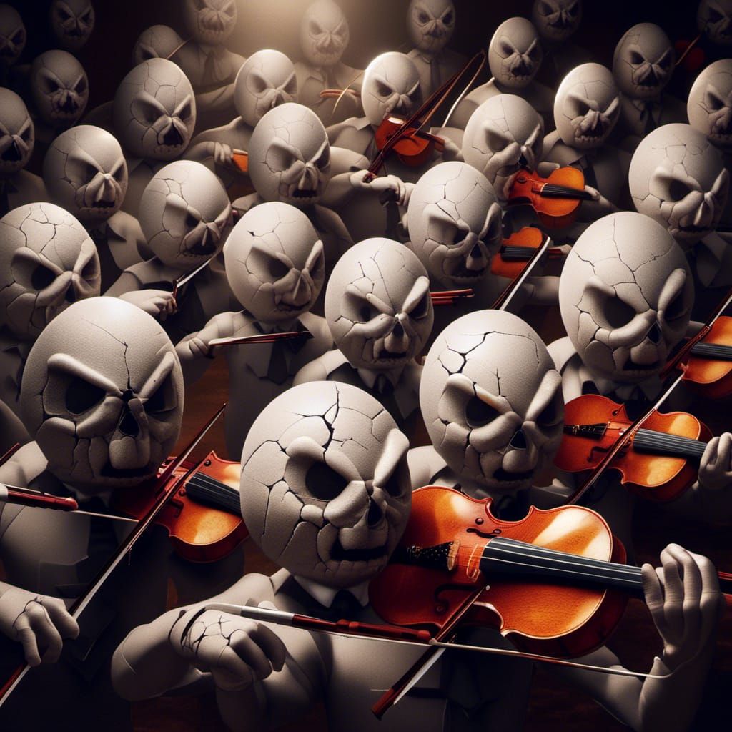 Orchestra of Angry Eggs Playing Eggshell Violins
