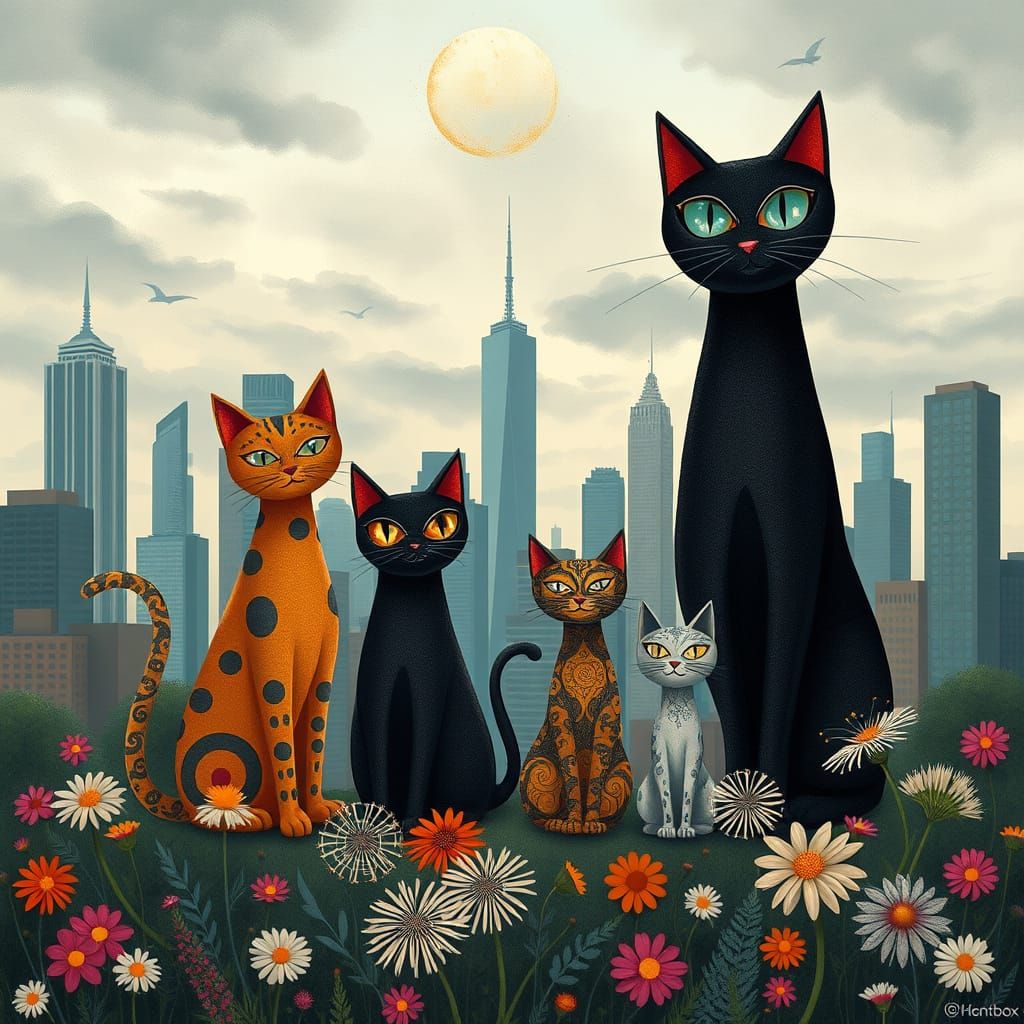 Whimsical Cityscape with Stylized Cats