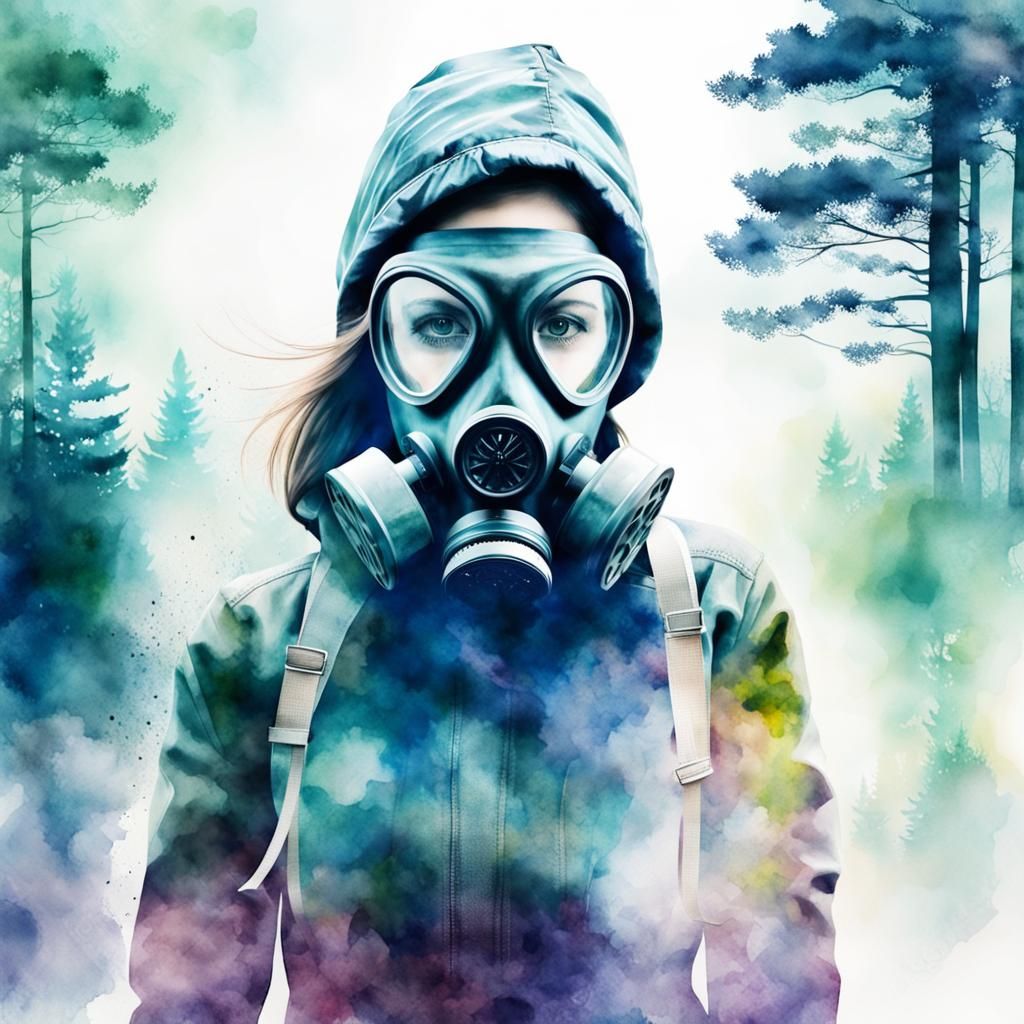Double Exposure Watercolor: Woman in Gas Mask
