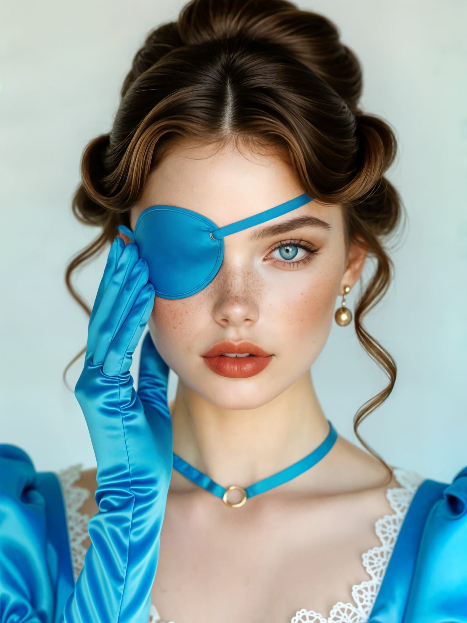 Gorgeous Woman in Azure Blue Touches Eyepatch