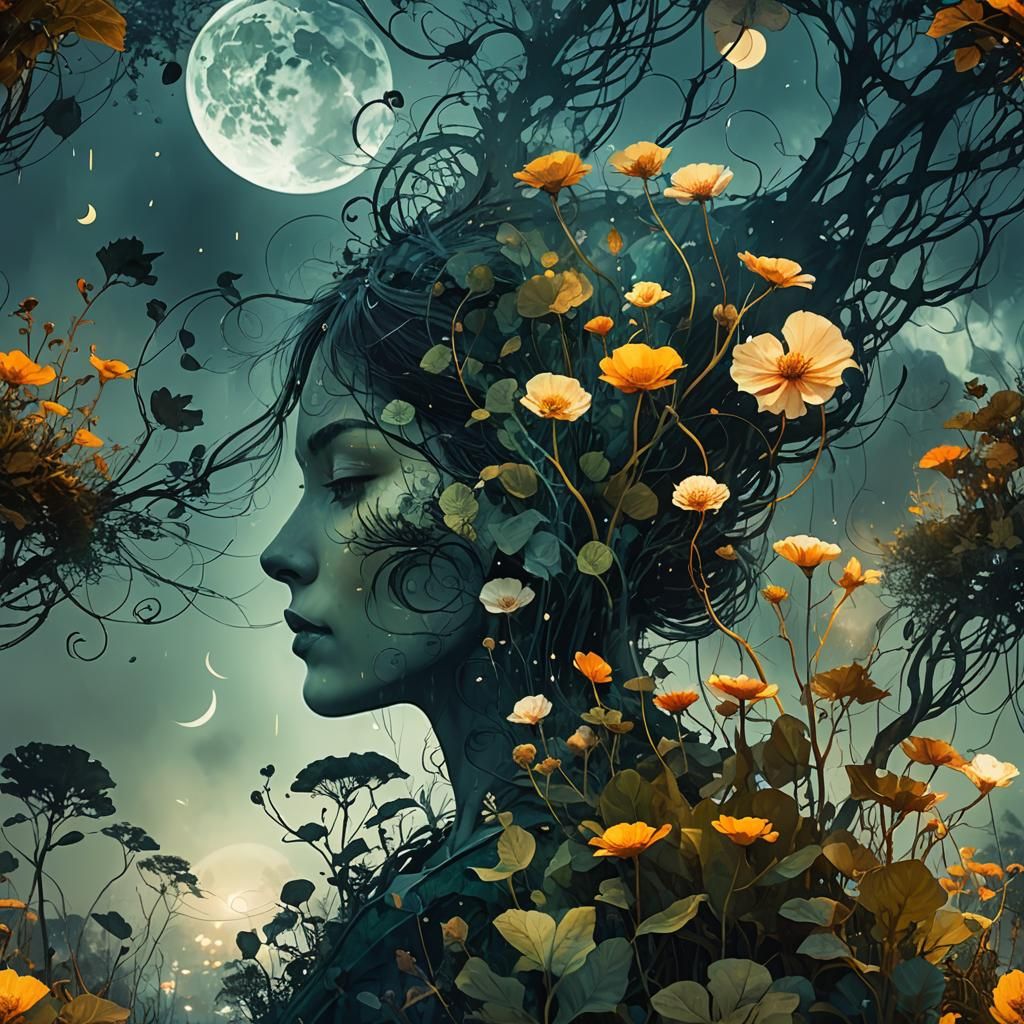 Surreal Garden Double Exposure in Art Deco Style